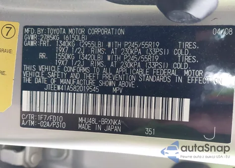 2008 Toyota Highlander Hybrid z USA, uszkodzony, nr VIN JTEEW41A582019545